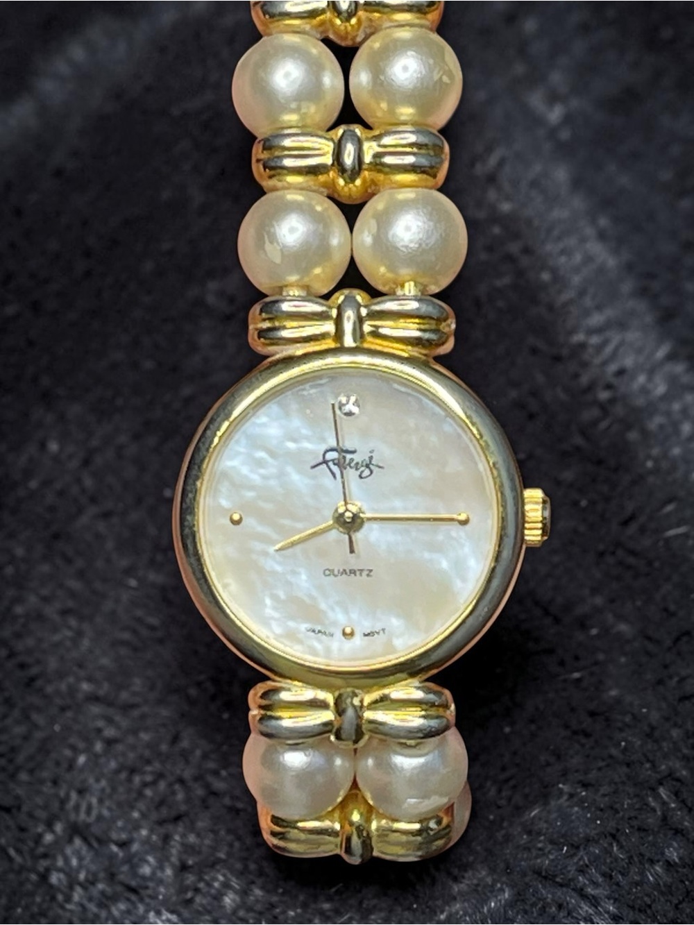 Fabergé Faux Pearl Gold Tone Quartz Bracelet Watch Japan